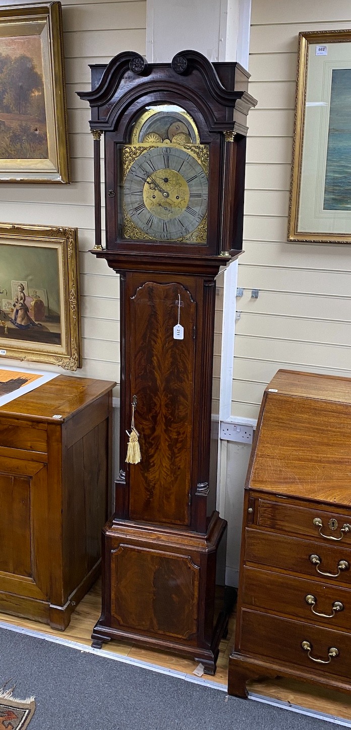 A George III mahogany 8 day longcase clock, the moonphase dial marked Ely Stott, Wakefield, height 227cm